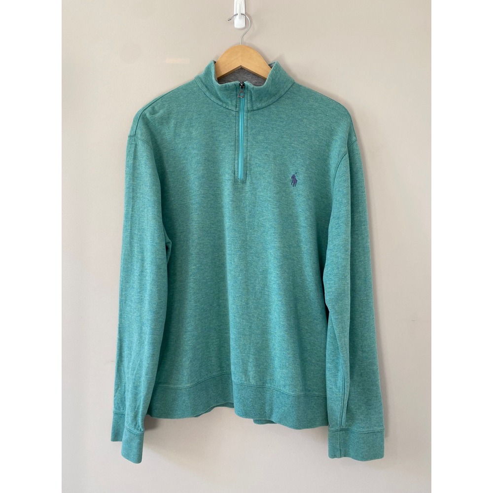 Polo Ralph Lauren Mens Large Green Heather Quarter‎ Zip Pullover Cotton Blend L
